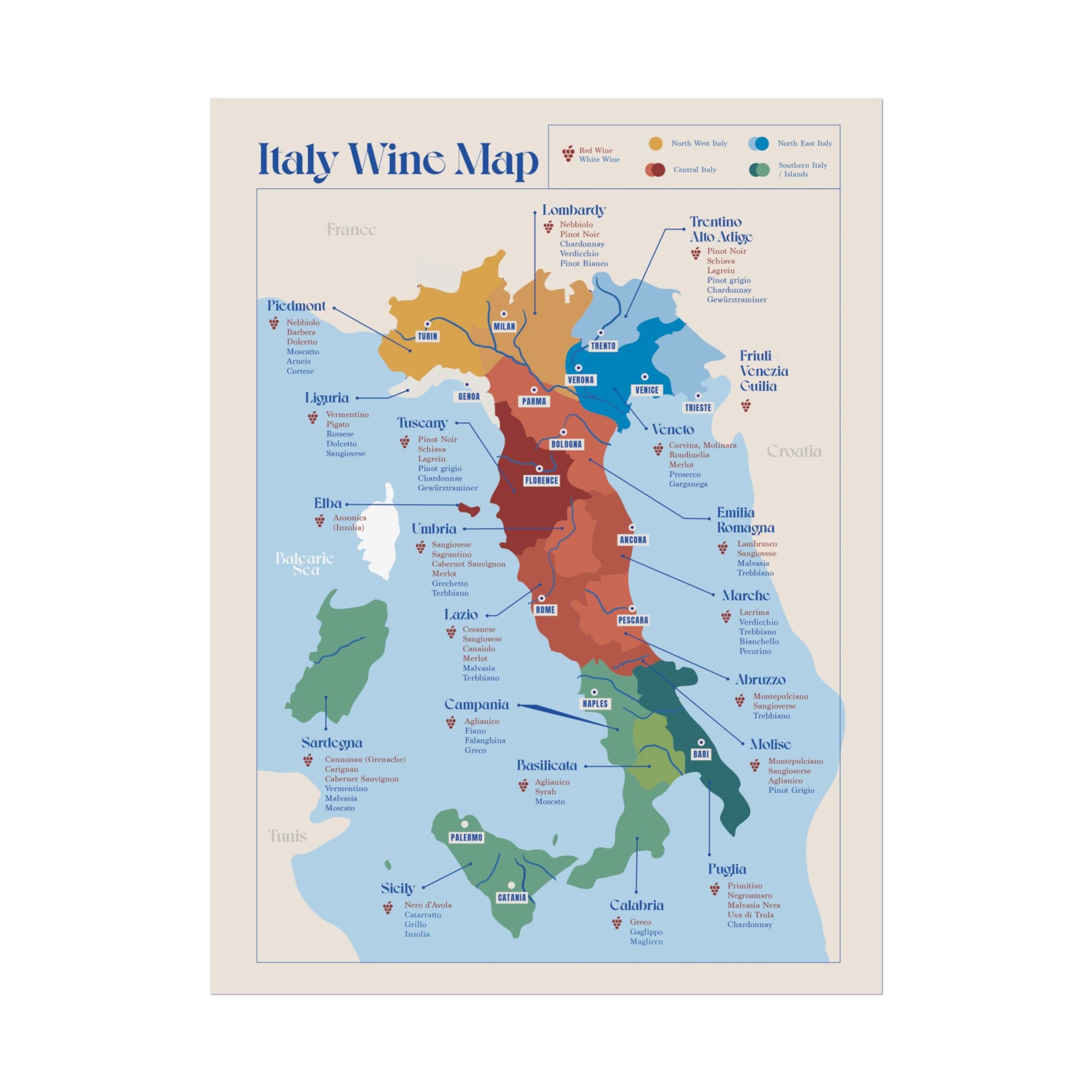 Italy Wine Map — Rolled Poster (12 x 16)