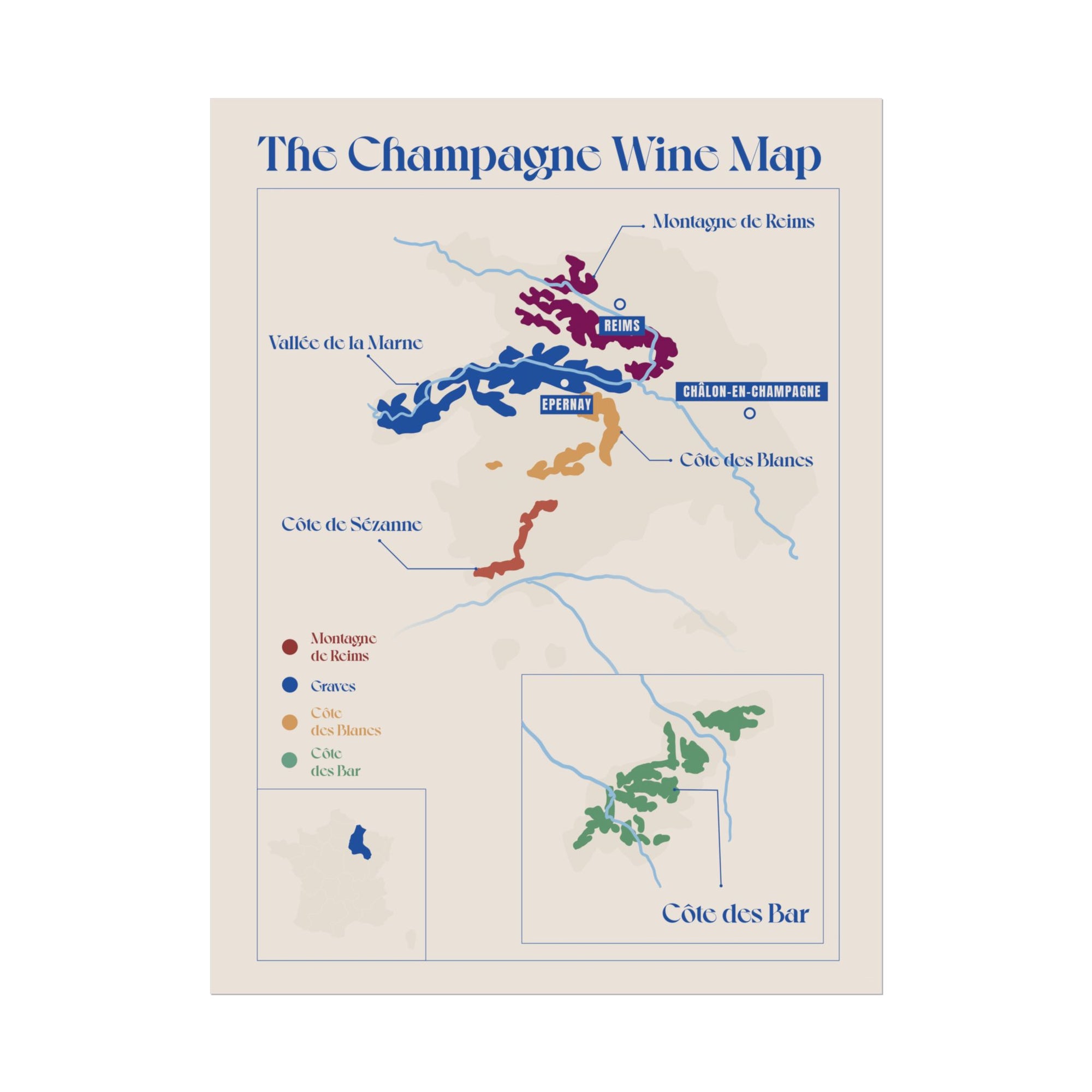 Champagne Wine Map — Rolled Poster (12 x 16)