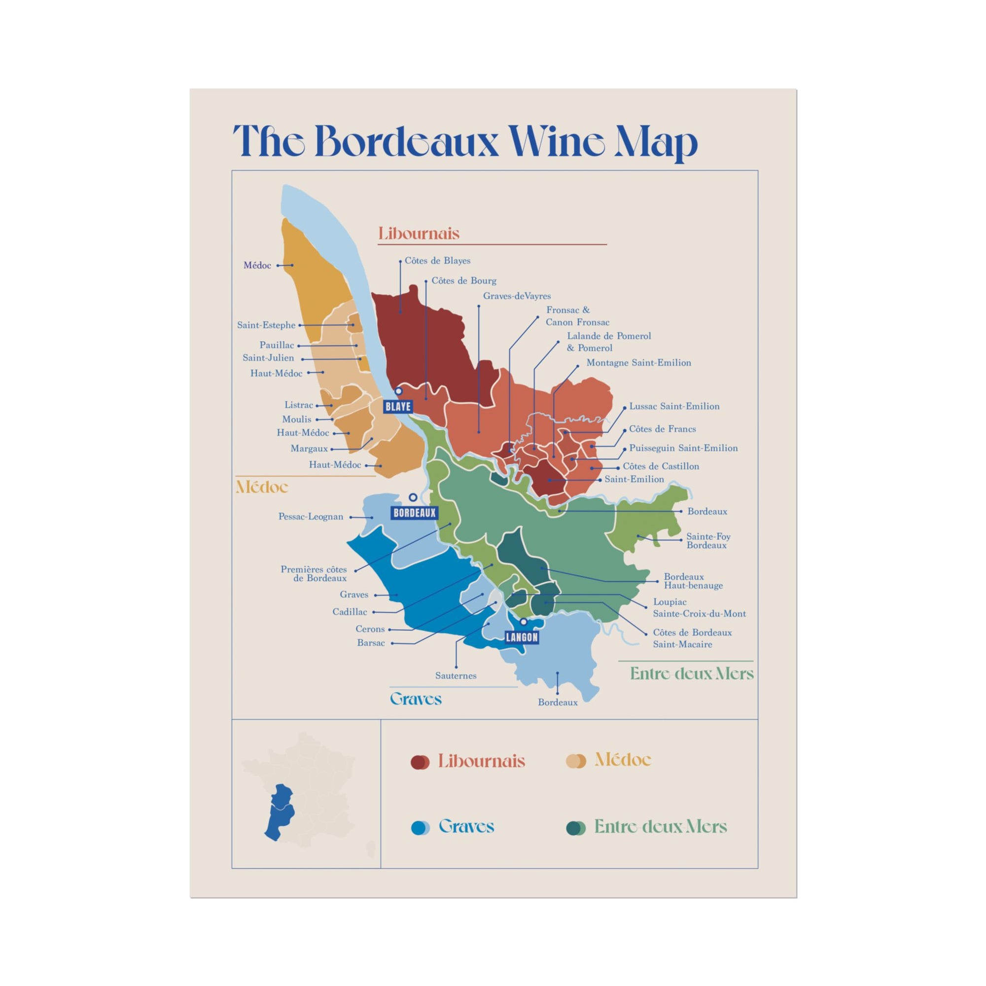 Bordeaux Wine Map — Rolled Poster (12 x 16)