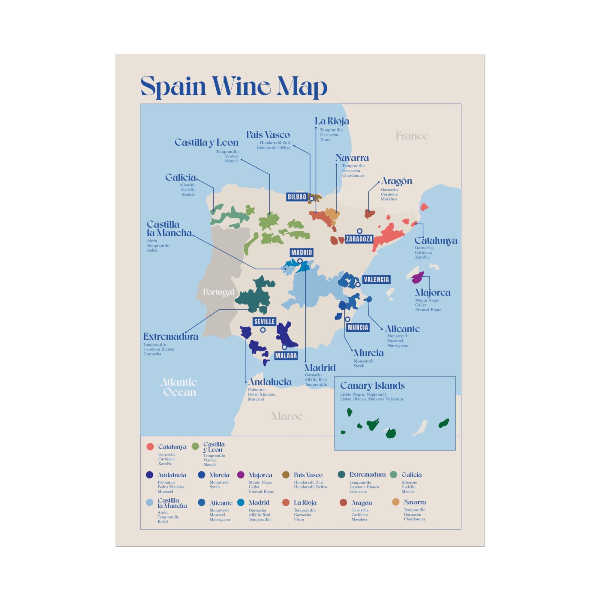 Spain Wine Map — Rolled Poster (12 x 16)